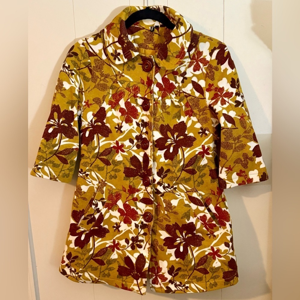 AMBITION Fall Gold Floral Button-Up Coat, Size S
